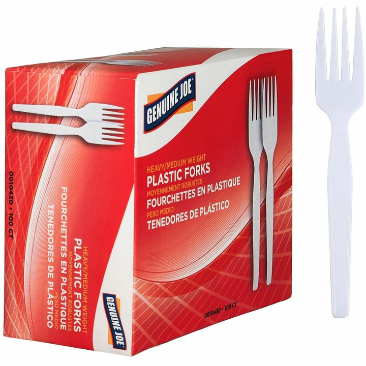 Image of Genuine Joe 10430 Medium-Heavyweight Plastic Forks, Disposable, White, 1 Box