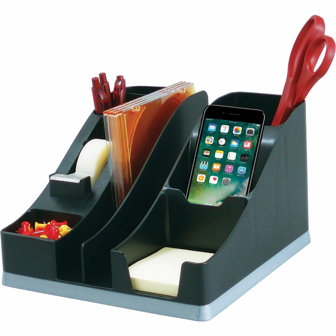 Image of deflecto® Silhouettes All-In-One Caddy, 6 Compartments, Plastic, 8.13 x 9.13 x 5.19, Black/Silver