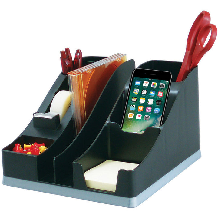 Image of deflecto® Silhouettes All-In-One Caddy, 6 Compartments, Plastic, 8.13 x 9.13 x 5.19, Black/Silver