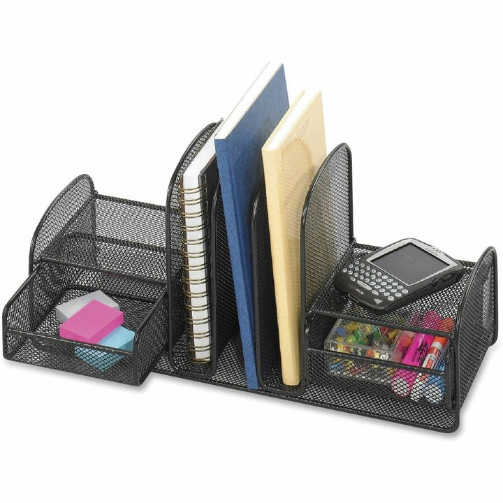 Image of Safco® Onyx Mesh Desk Organizer, Three Sections/Two Baskets, Steel Mesh, 17 x 6.75 x 7.75, Black