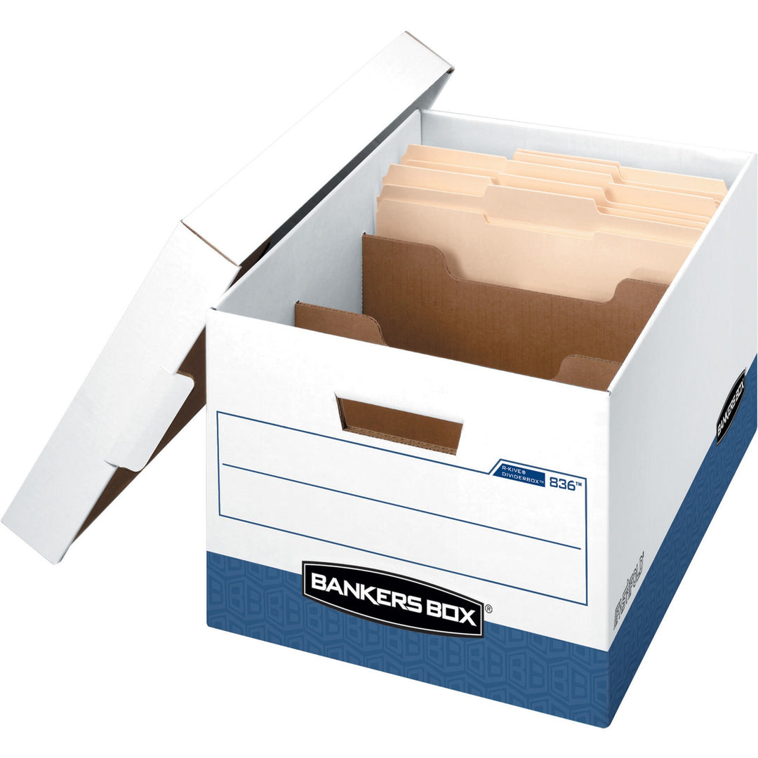 Image of Bankers Box® R-Kive Heavy-Duty Storage Boxes With Dividers, Letter/legal Files, 12.75" X 16.5" X 10.38", White/blue, 12/carton