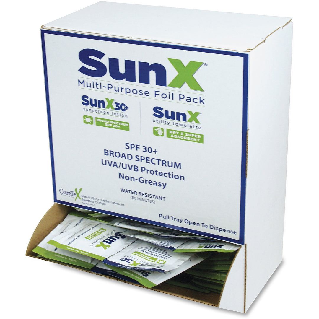 Image of CoreTex Products Sunscreen Towelettes,Singles,Wall Dispenser,5"x8",50 Wipes