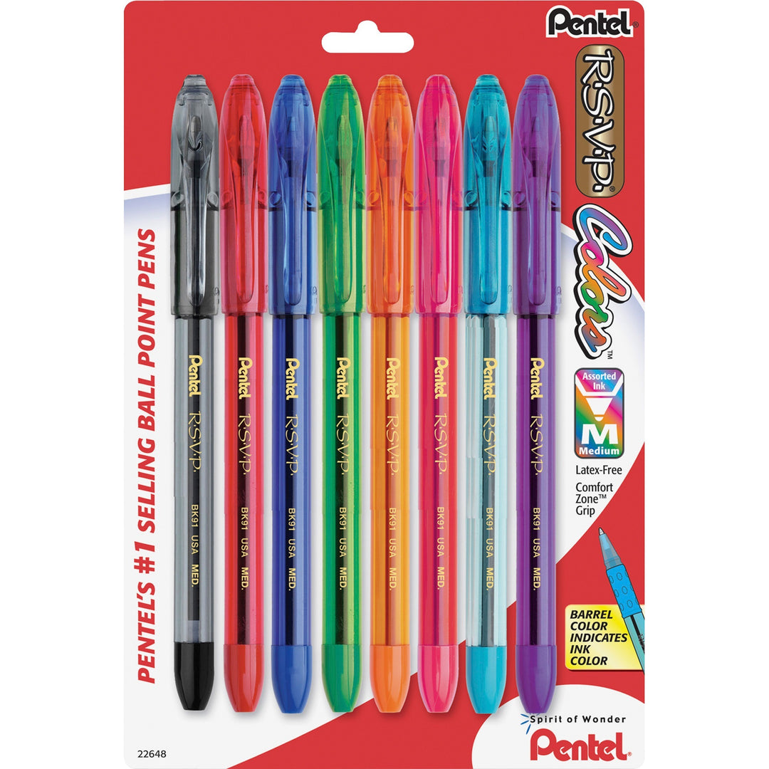 Image of Pentel BK91CRBP8M R.S.V.P. Multi Pack Stick Ballpoint Pens, 1 mm Medium Pen Point, Refillable, Assorted Ink, Assorted Barrel, 8 / Pack