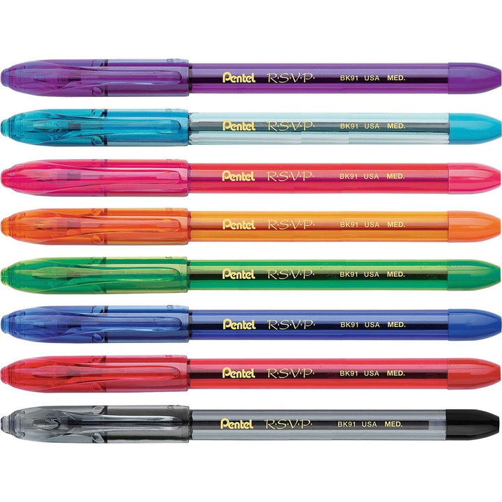 Image of Pentel BK91CRBP8M R.S.V.P. Multi Pack Stick Ballpoint Pens, 1 mm Medium Pen Point, Refillable, Assorted Ink, Assorted Barrel, 8 / Pack