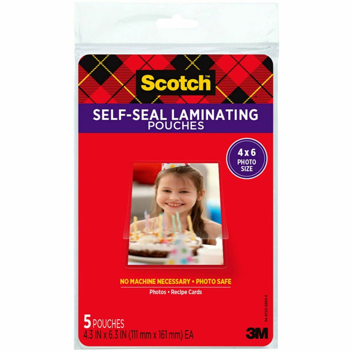 Image of Scotch® Self-Sealing Laminating Pouches, 9.5 Mil, 4.38" X 6.38", Gloss Clear, 5/pack