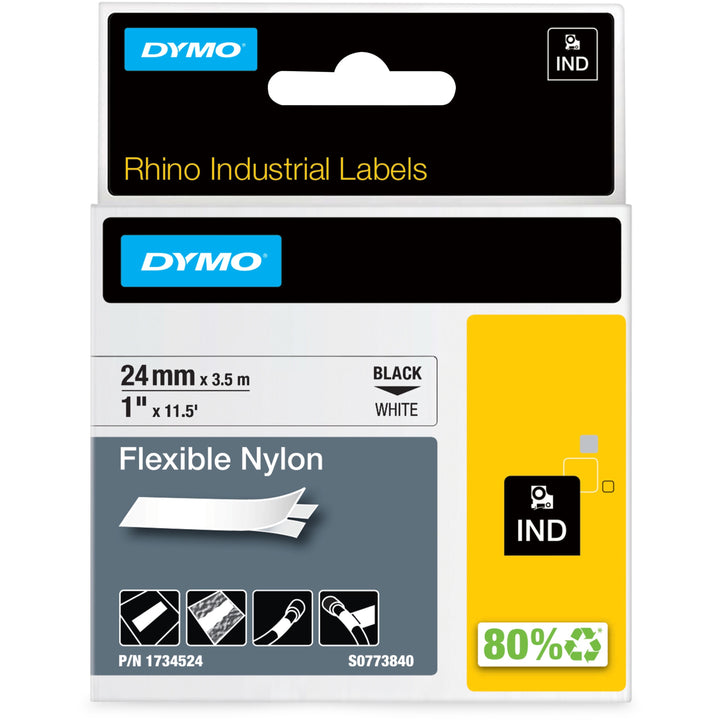 Image of Dymo 1734524 1" Flexible Nylon Rhino Label Tape, 15/16" W x 11 1/2 ft Length, Rectangle, Thermal Transfer, White, Nylon, 1 Each
