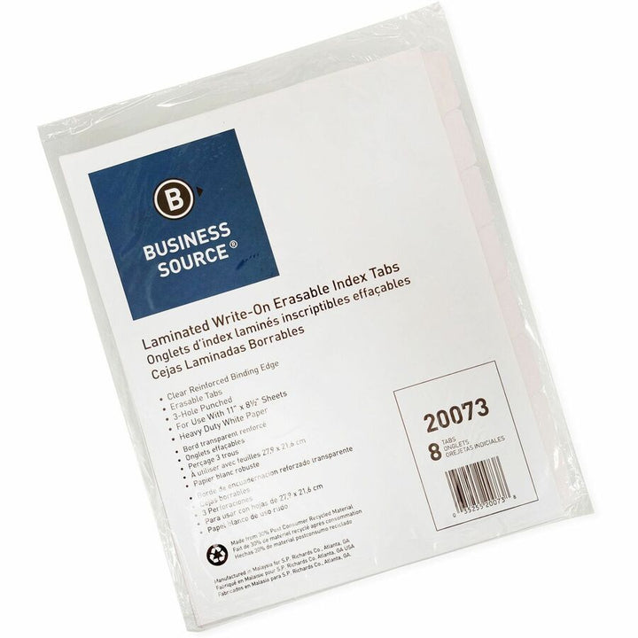 Image of Business Source Erasable Tab Indexes, 3HP,11"x8-1/2",8/ST, White