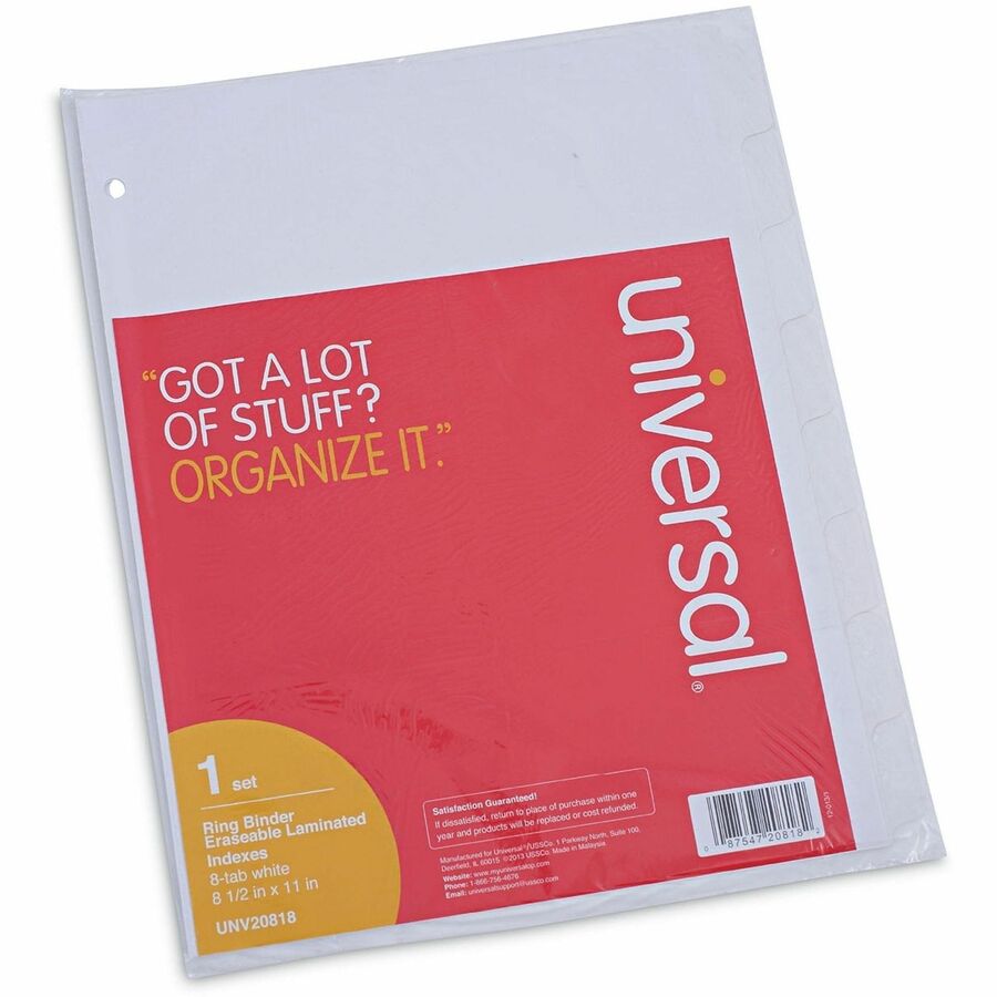 Image of Universal 20818 Deluxe Write-On/Erasable Tab Index, 8-Tab, 11 x 8.5, White, White Tabs, 1 Set