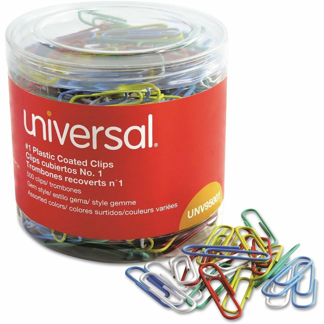 Image of Universal 95001 Paper Clip, No. 1, 1.8" L x 0.5" Width, Assorted, Blue, Green, Red, White, Yellow, Plastic, Steel Wire, 500 / Pack