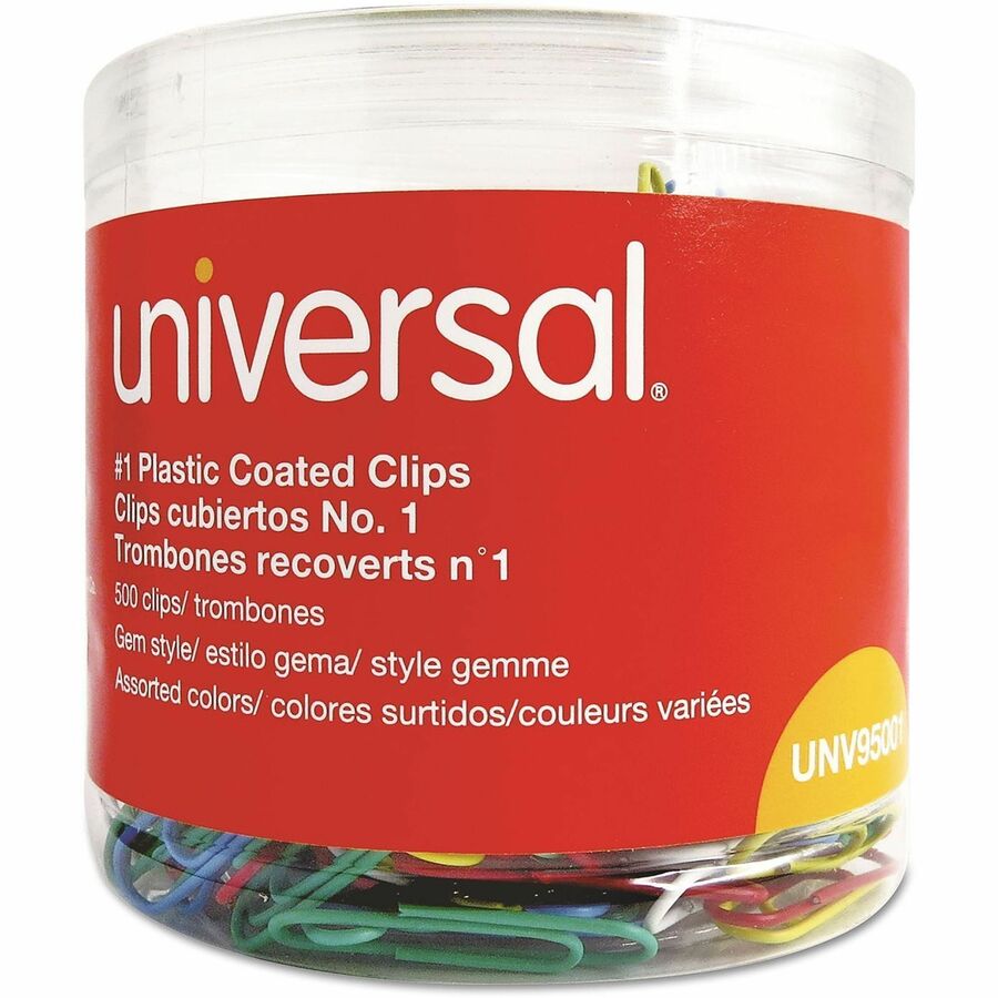 Image of Universal 95001 Paper Clip, No. 1, 1.8" L x 0.5" Width, Assorted, Blue, Green, Red, White, Yellow, Plastic, Steel Wire, 500 / Pack