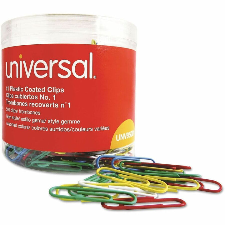 Image of Universal 95001 Paper Clip, No. 1, 1.8" L x 0.5" Width, Assorted, Blue, Green, Red, White, Yellow, Plastic, Steel Wire, 500 / Pack
