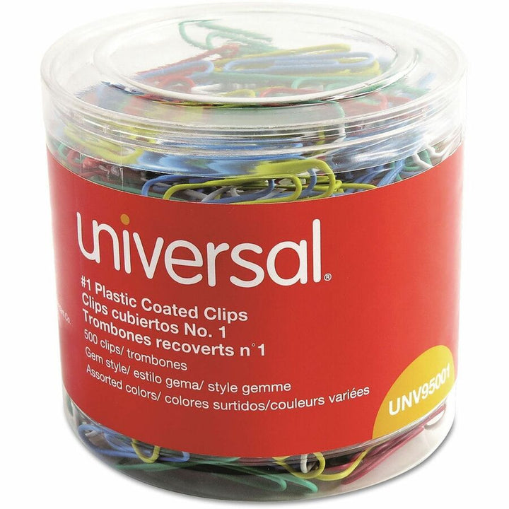 Image of Universal 95001 Paper Clip, No. 1, 1.8" L x 0.5" Width, Assorted, Blue, Green, Red, White, Yellow, Plastic, Steel Wire, 500 / Pack