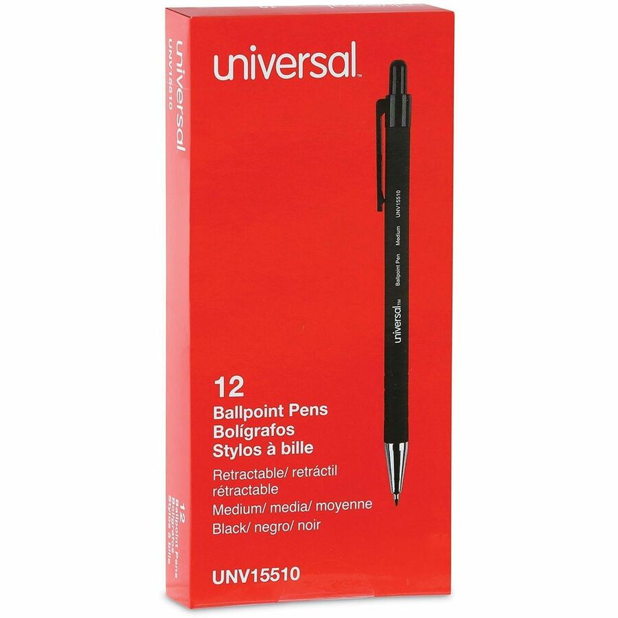 Image of Universal® Ballpoint Pen, Retractable, Medium 1 Mm, Black Ink, Black Barrel, Dozen