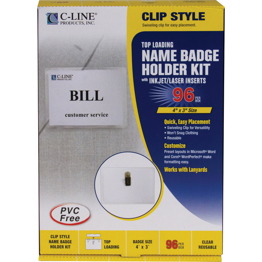 Image of C-Line® Name Badge Kits, Top Load, 4 X 3, Clear, Clip Style, 96/box