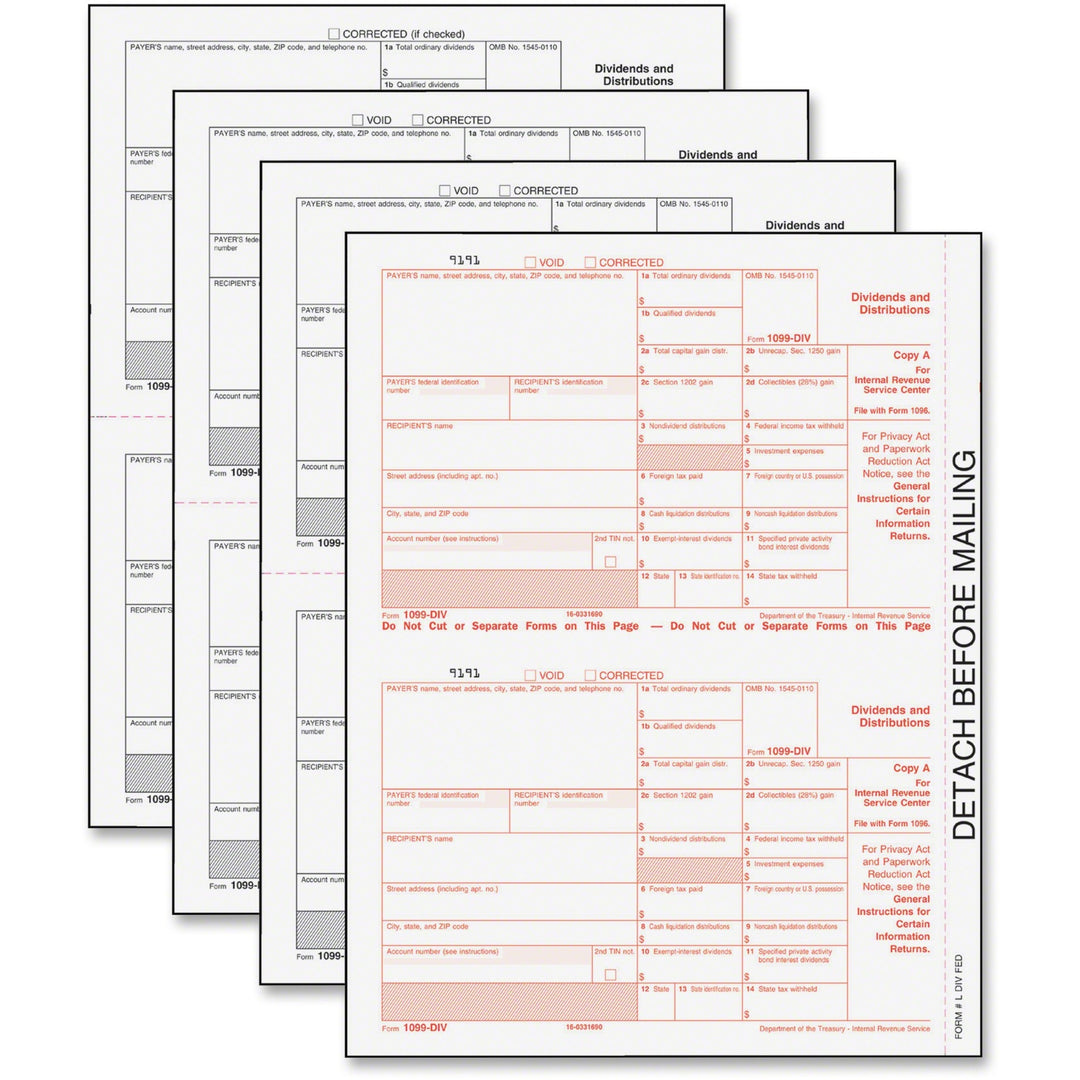 Image of TOPS 22973 IRS Approved 5-part 1099-DIV KIT Tax Forms, 5 Part, Carbonless Copy, 8" x 5.50" Form Size, White, 24 / Pack