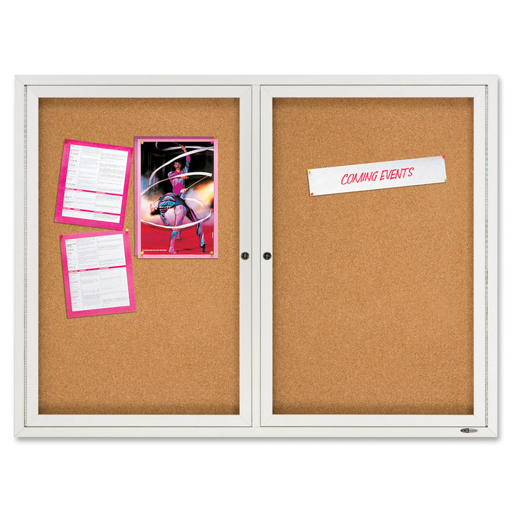 Image of Quartet® Enclosed Outdoors Bulletin Board with Two Doors, 48" x 36", Tan Surface, Anodized Aluminum Frame