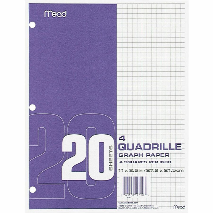 Image of Mead 19010 Quad Ruled 3, Hole Graph Paper, Letter, Letter, 8 1/2" x 11" Sheet Size, 12 / Box