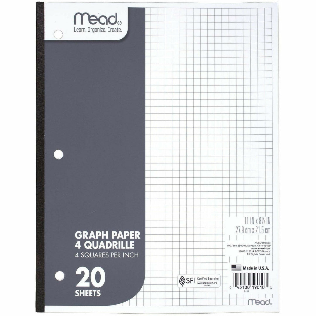 Image of Mead 19010 Quad Ruled 3, Hole Graph Paper, Letter, Letter, 8 1/2" x 11" Sheet Size, 12 / Box