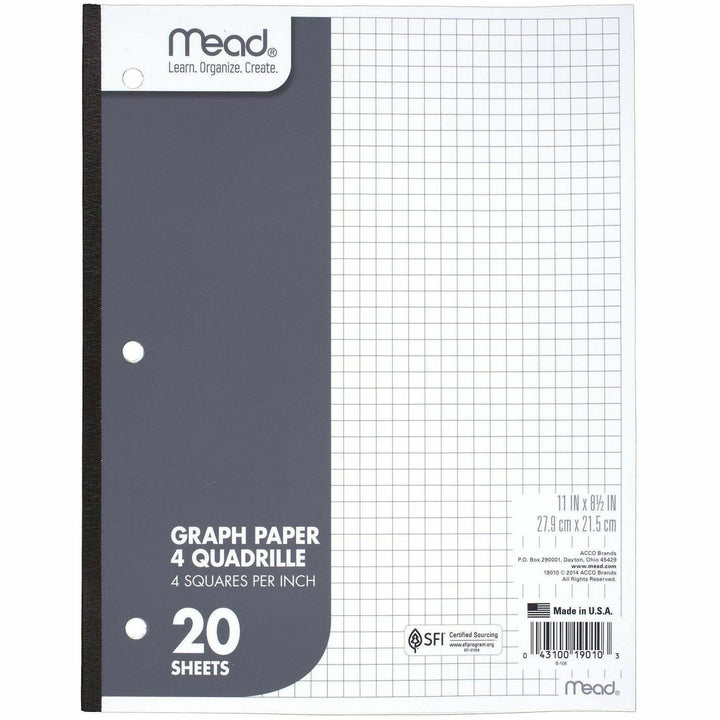 Image of Mead 19010 Quad Ruled 3, Hole Graph Paper, Letter, Letter, 8 1/2" x 11" Sheet Size, 12 / Box