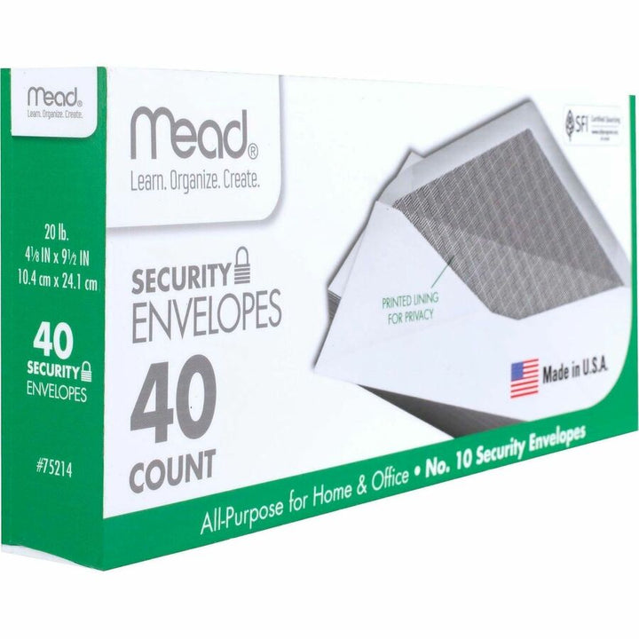 Image of Mead 75214 No. 10 Security Envelopes, Business, #10, 9 1/2" W x 4 1/8" Length, 20 lb, Gummed, White, Wove, 1 Box