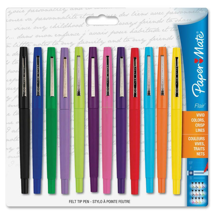 Image of Paper Mate 74423 Flair Felt Tip Pens, 0.7 mm Pen Point, Assorted Ink, Assorted Barrel, Nylon Tip, 12 / Pack