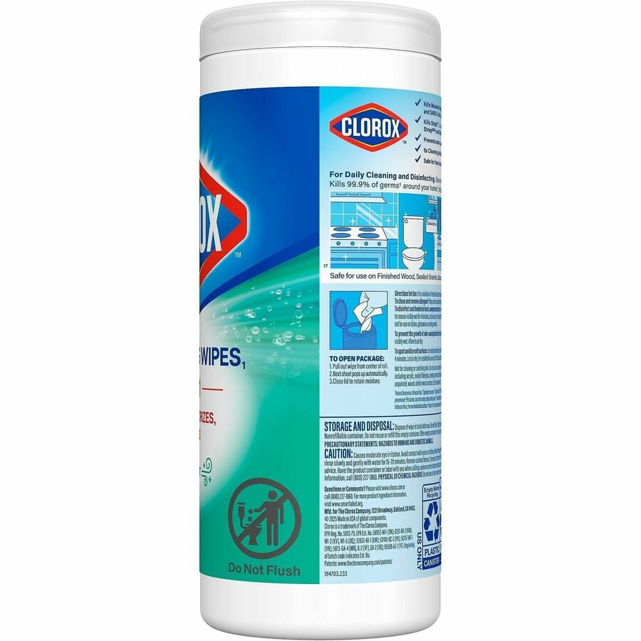 Image of Clorox 01593 Disinfecting Cleaning Wipes, Ready-To-Use, Fresh Scent, Disposable, Bleach-free, Green, 35/Tub, 1 Each