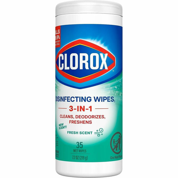 Image of Clorox 01593 Disinfecting Cleaning Wipes, Ready-To-Use, Fresh Scent, Disposable, Bleach-free, Green, 35/Tub, 1 Each