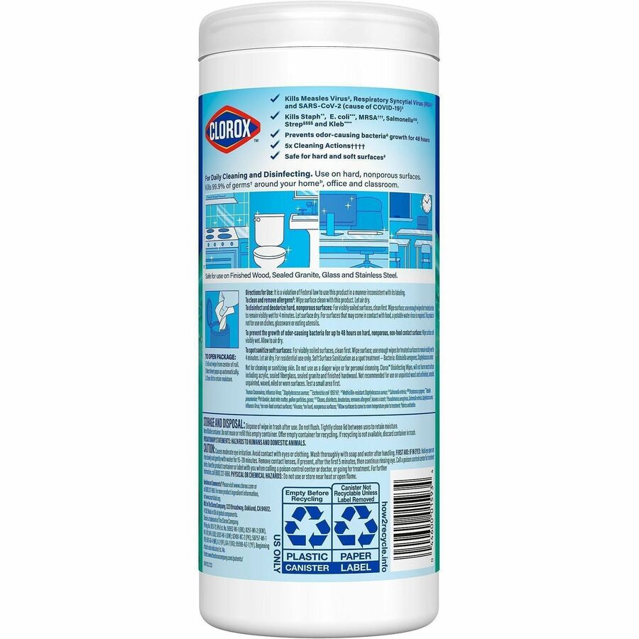 Image of Clorox 01593 Disinfecting Cleaning Wipes, Ready-To-Use, Fresh Scent, Disposable, Bleach-free, Green, 35/Tub, 1 Each