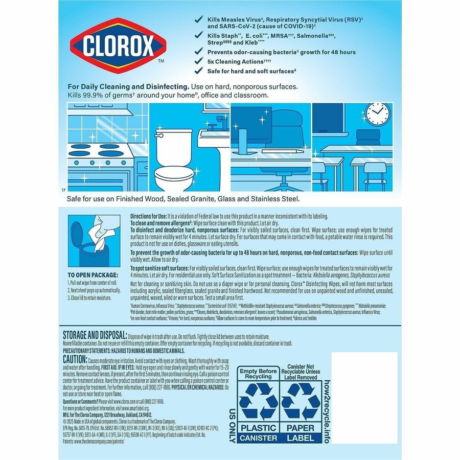 Image of Clorox 01593 Disinfecting Cleaning Wipes, Ready-To-Use, Fresh Scent, Disposable, Bleach-free, Green, 35/Tub, 1 Each