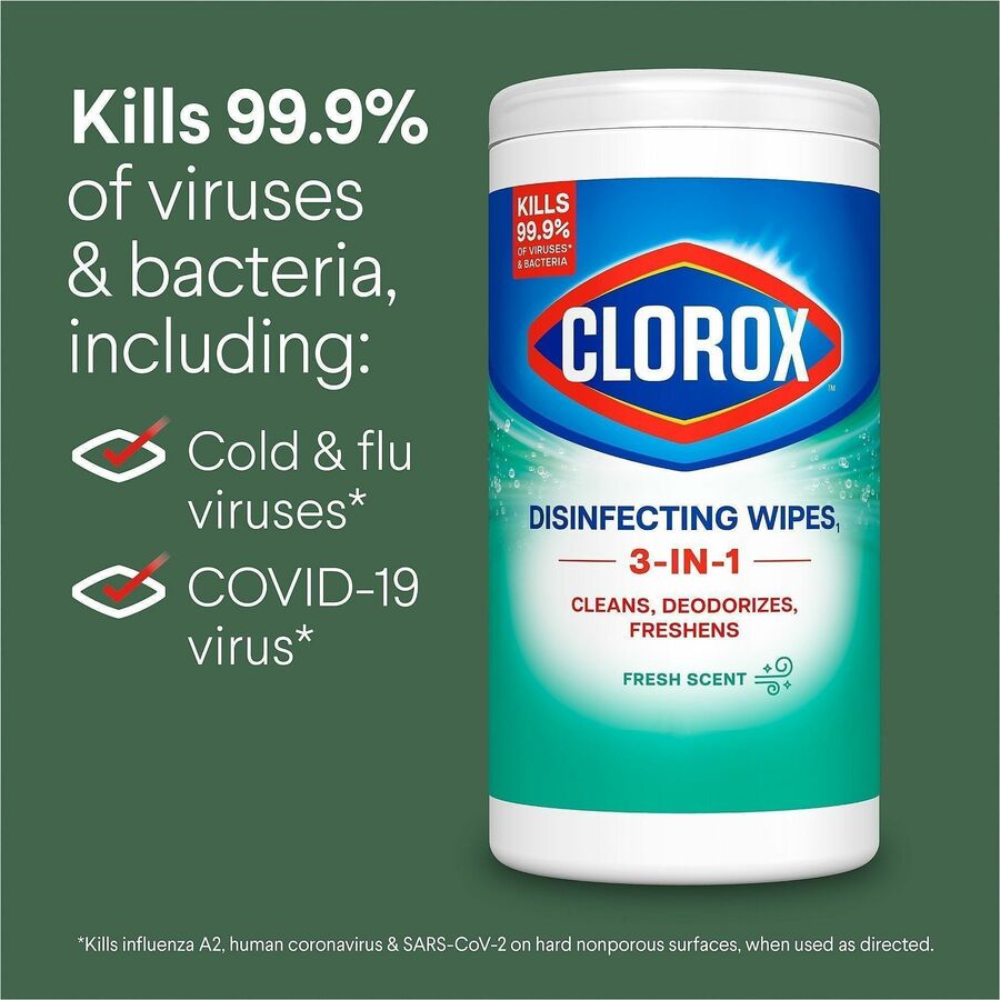Image of Clorox 01593 Disinfecting Cleaning Wipes, Ready-To-Use, Fresh Scent, Disposable, Bleach-free, Green, 35/Tub, 1 Each