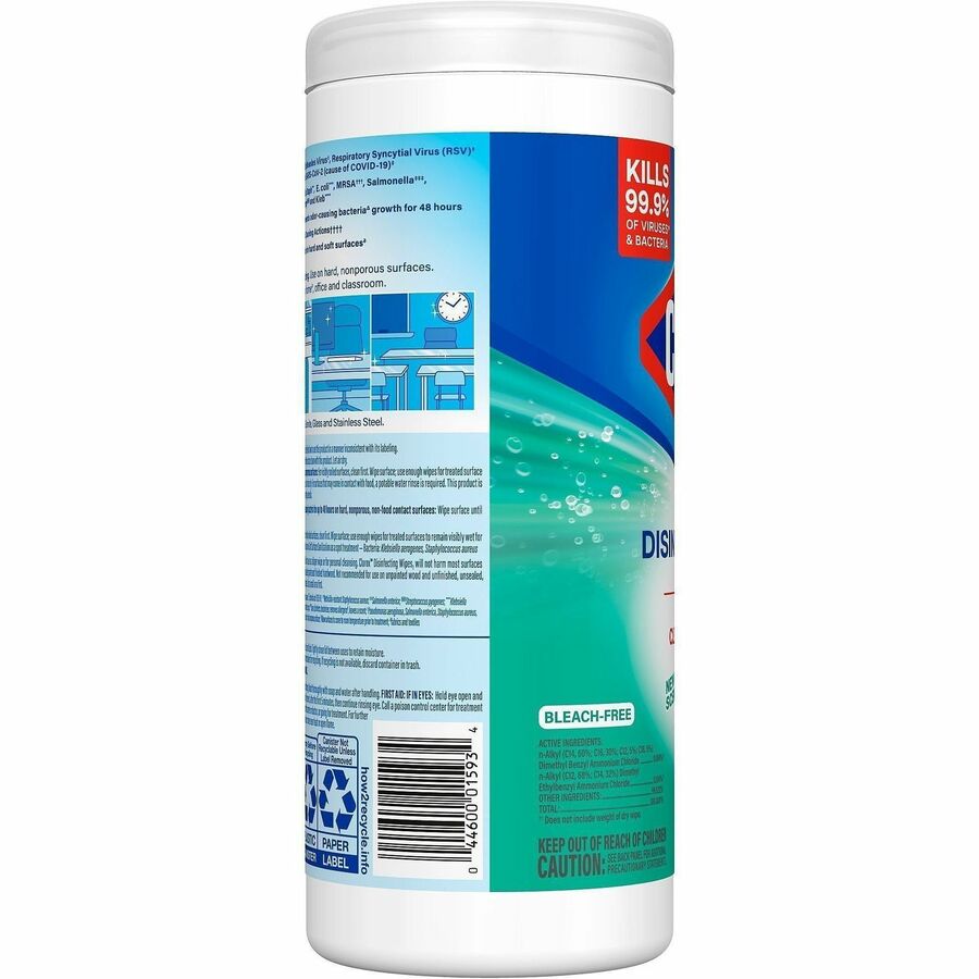 Image of Clorox 01593 Disinfecting Cleaning Wipes, Ready-To-Use, Fresh Scent, Disposable, Bleach-free, Green, 35/Tub, 1 Each
