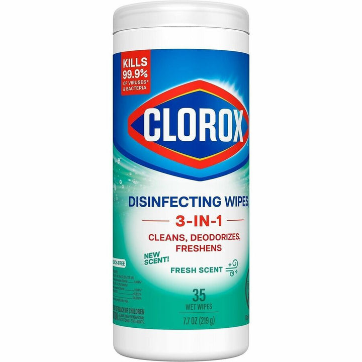 Image of Clorox 01593 Disinfecting Cleaning Wipes, Ready-To-Use, Fresh Scent, Disposable, Bleach-free, Green, 35/Tub, 1 Each