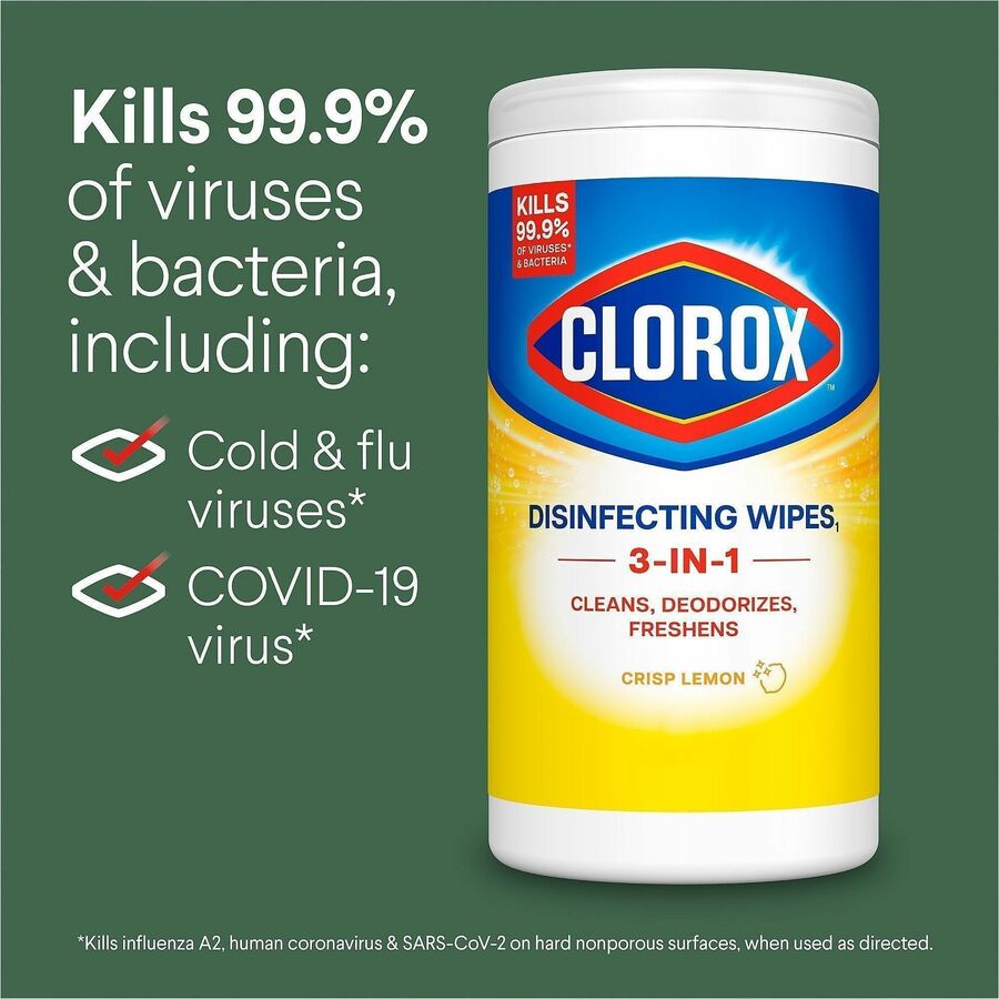Image of Clorox 01594 Disinfecting Cleaning Wipes, Ready-To-Use, Crisp Lemon Scent, Disposable, Bleach-free, Yellow, 35/Tub, 1 Each