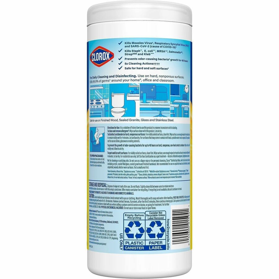 Image of Clorox 01594 Disinfecting Cleaning Wipes, Ready-To-Use, Crisp Lemon Scent, Disposable, Bleach-free, Yellow, 35/Tub, 1 Each