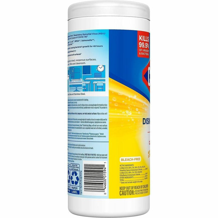 Image of Clorox 01594 Disinfecting Cleaning Wipes, Ready-To-Use, Crisp Lemon Scent, Disposable, Bleach-free, Yellow, 35/Tub, 1 Each
