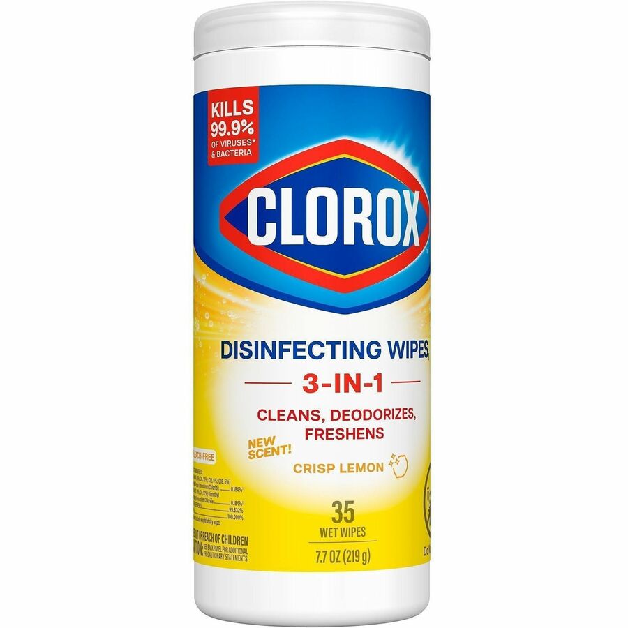 Image of Clorox 01594 Disinfecting Cleaning Wipes, Ready-To-Use, Crisp Lemon Scent, Disposable, Bleach-free, Yellow, 35/Tub, 1 Each