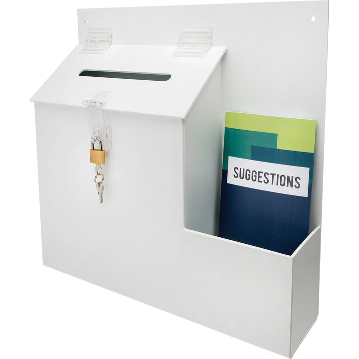 Image of deflecto® Suggestion Box Literature Holder with Locking Top, 13.75 x 3.63 x 13.94, Plastic, White