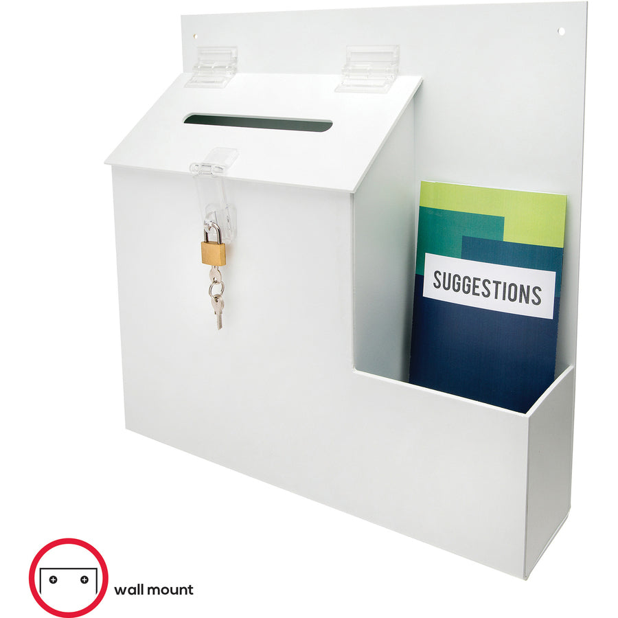 Image of deflecto® Suggestion Box Literature Holder with Locking Top, 13.75 x 3.63 x 13.94, Plastic, White