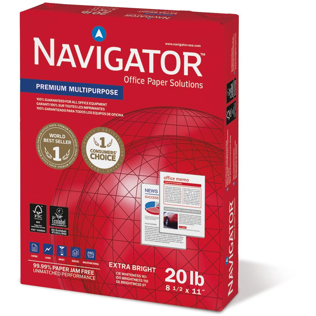 Image of Navigator® Premium Multipurpose Copy Paper, 97 Bright, 20 lb Bond Weight, 8.5 x 11, White, 500 Sheets/Ream, 10 Reams/Carton