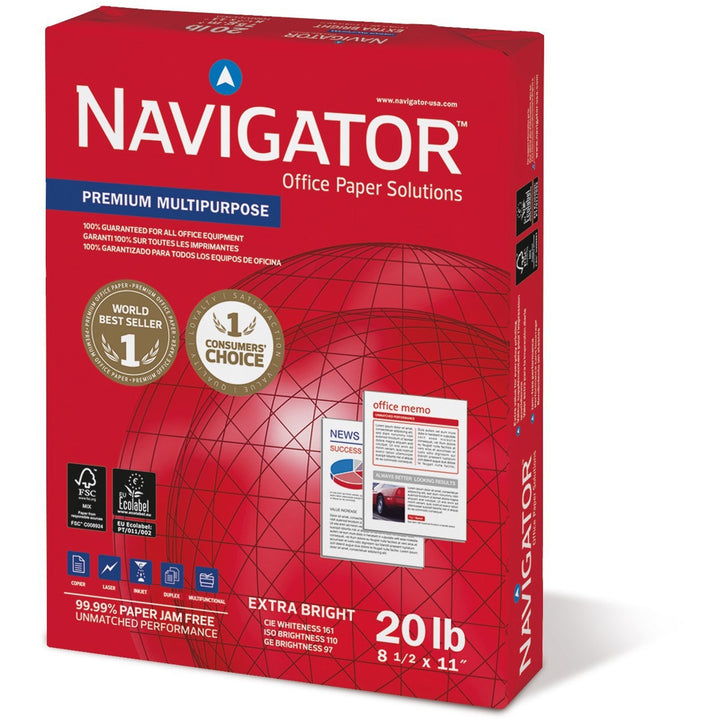 Image of Navigator® Premium Multipurpose Copy Paper, 97 Bright, 20 lb Bond Weight, 8.5 x 11, White, 500 Sheets/Ream, 10 Reams/Carton