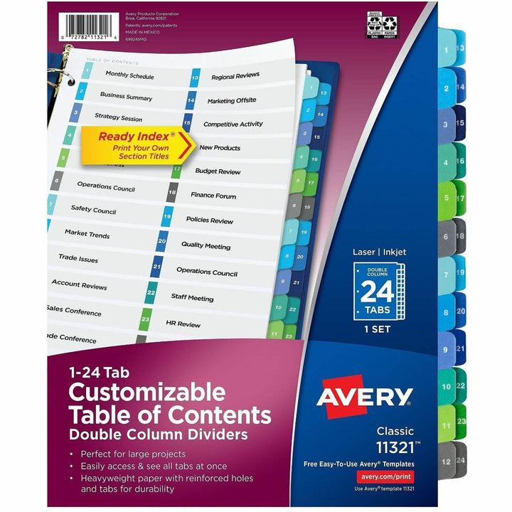 Image of Avery® Customizable TOC Ready Index Double Column Multicolor Tab Dividers, 24-Tab, 1 to 24, 11 x 8.5, White, 1 Set