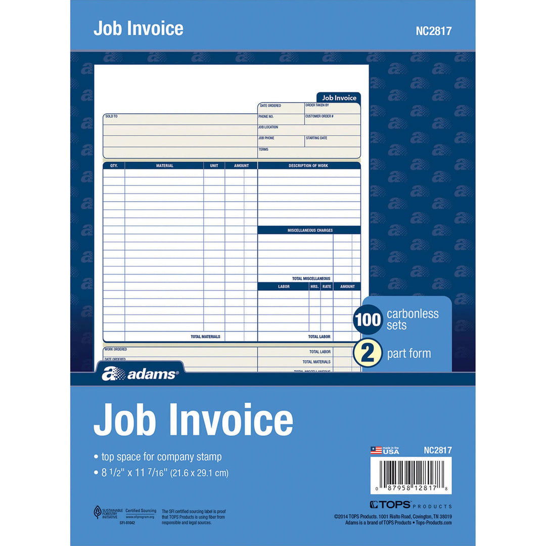 Image of Adams NC2817 Contractor Forms, 100 Sheet(s), 2 Part, Carbonless Copy, 8.50" x 11.43" Form Size, White, 1 Each