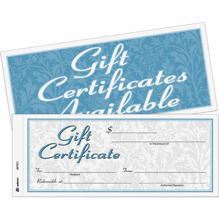 Image of Adams GFTC1 Two-part Carbonless Gift Certificates, 8.5" W x 3.4" Length, White with Blue Border, 25 / Pack