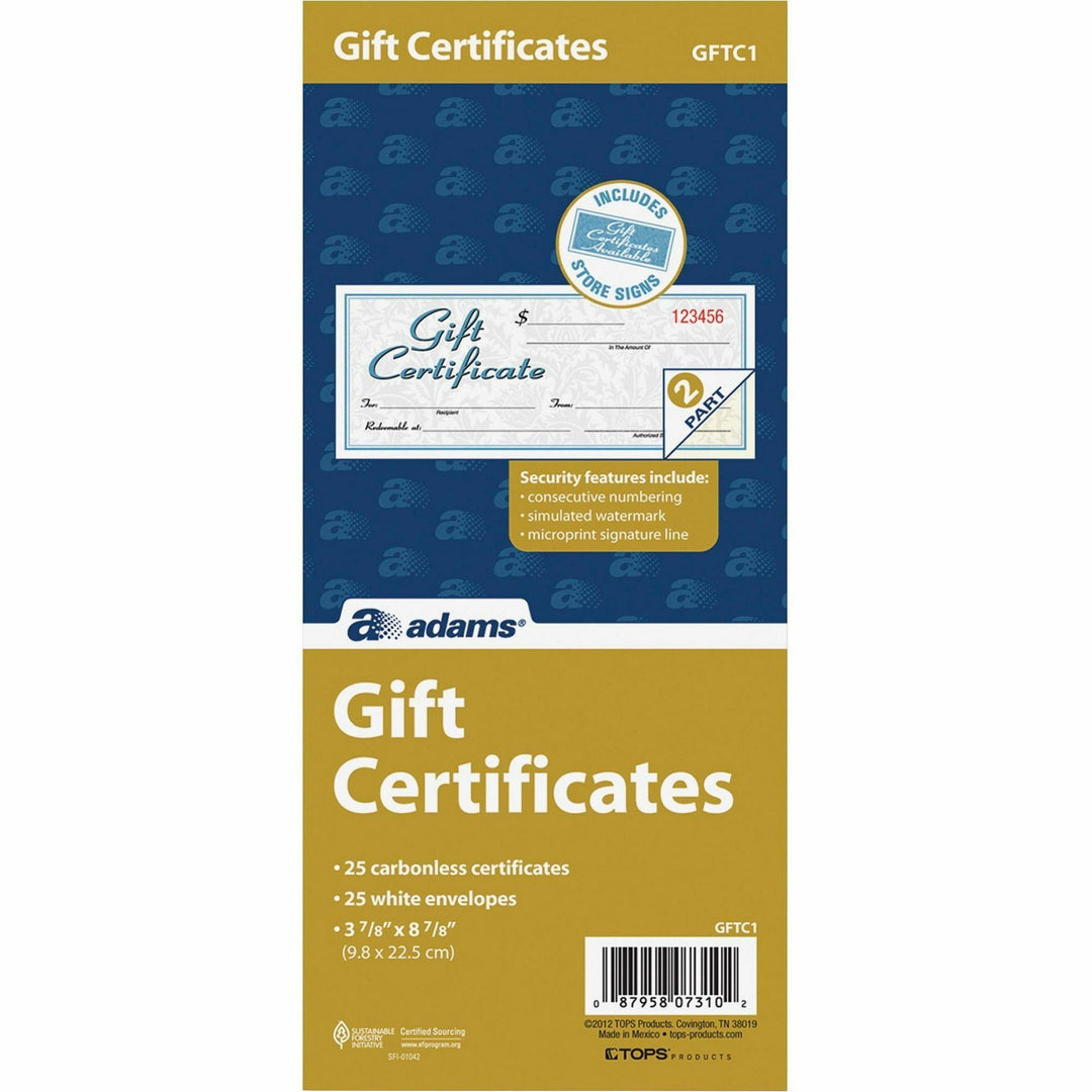 Image of Adams GFTC1 Two-part Carbonless Gift Certificates, 8.5" W x 3.4" Length, White with Blue Border, 25 / Pack
