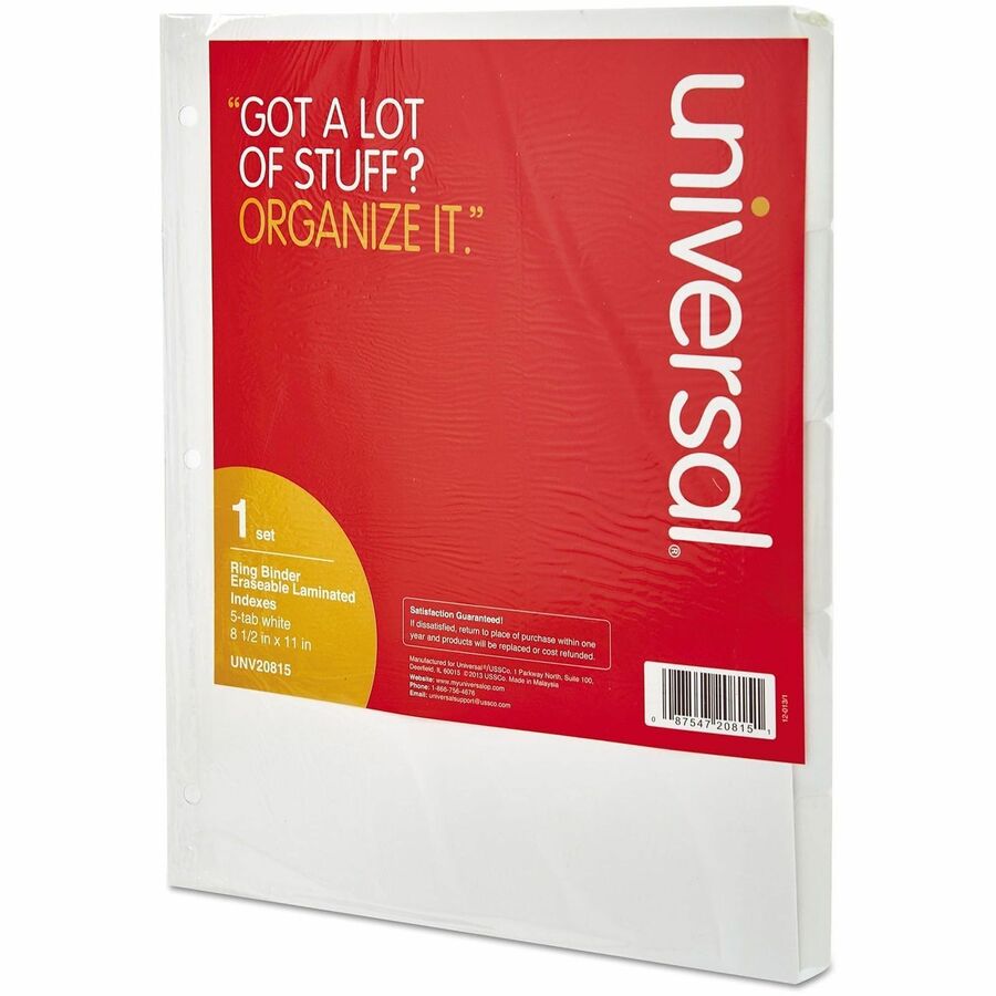 Image of Universal UNV20815 Deluxe Write-On/Erasable Tab Index, 5-Tab, 11 x 8.5, White, White Tabs, 1 Set