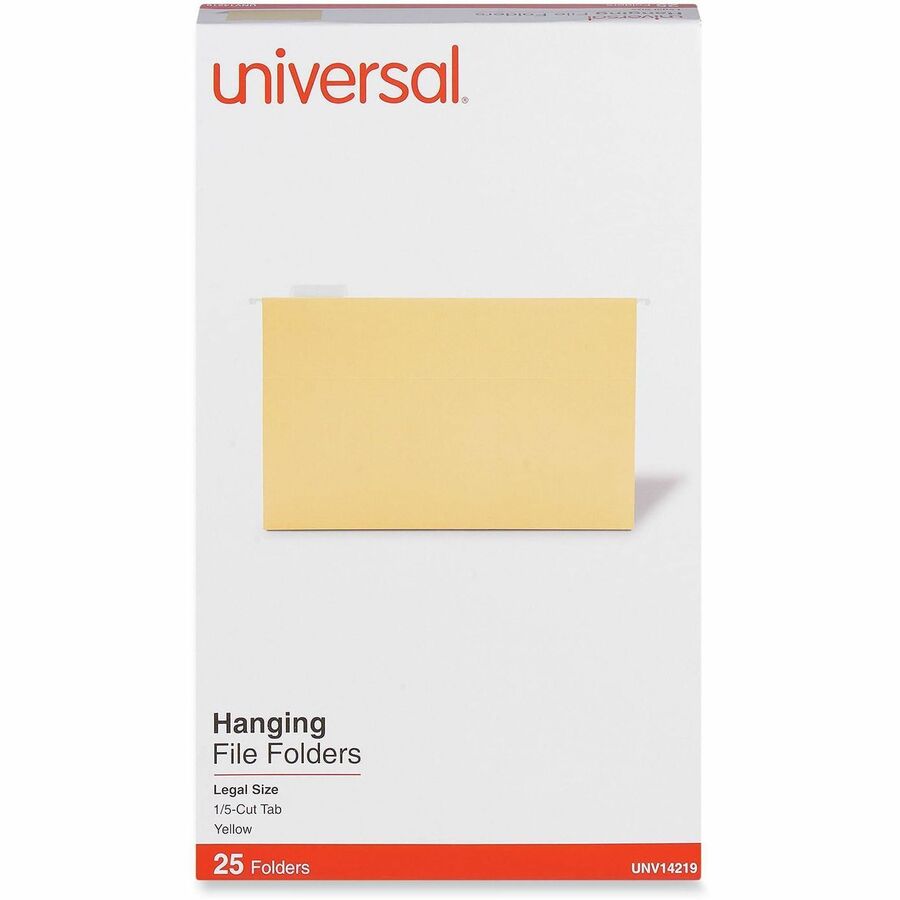 Image of Universal UNV14219 Hanging Folder, Assorted Tab Position, 11 pt., Stock, Yellow, 100% Recycled, 25 / Box