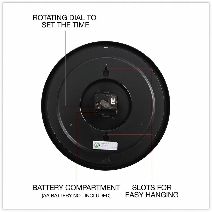 Image of Universal UNV11381 Wall Clock, Analog, Quartz, Black Case, Plastic, 1 Each