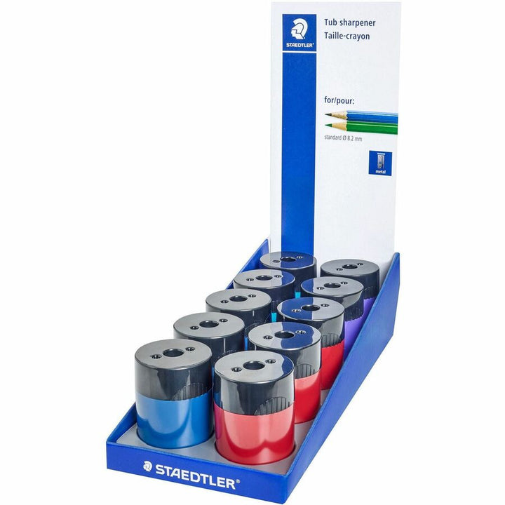 Image of Staedtler 511-63 Cylinder Metal Blade Pencil Sharpener, 1 Hole(s), 2.2" H x 1.5" Width, Metal, Assorted, 10 / Box