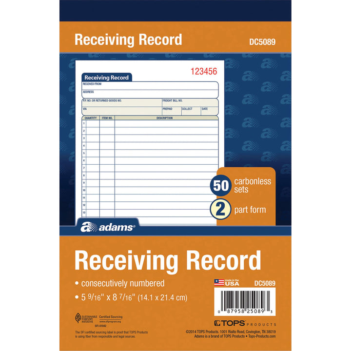 Image of Adams Receiving Record Book,Carbonless,2-Part,5-9/16"x8-7/16",WE