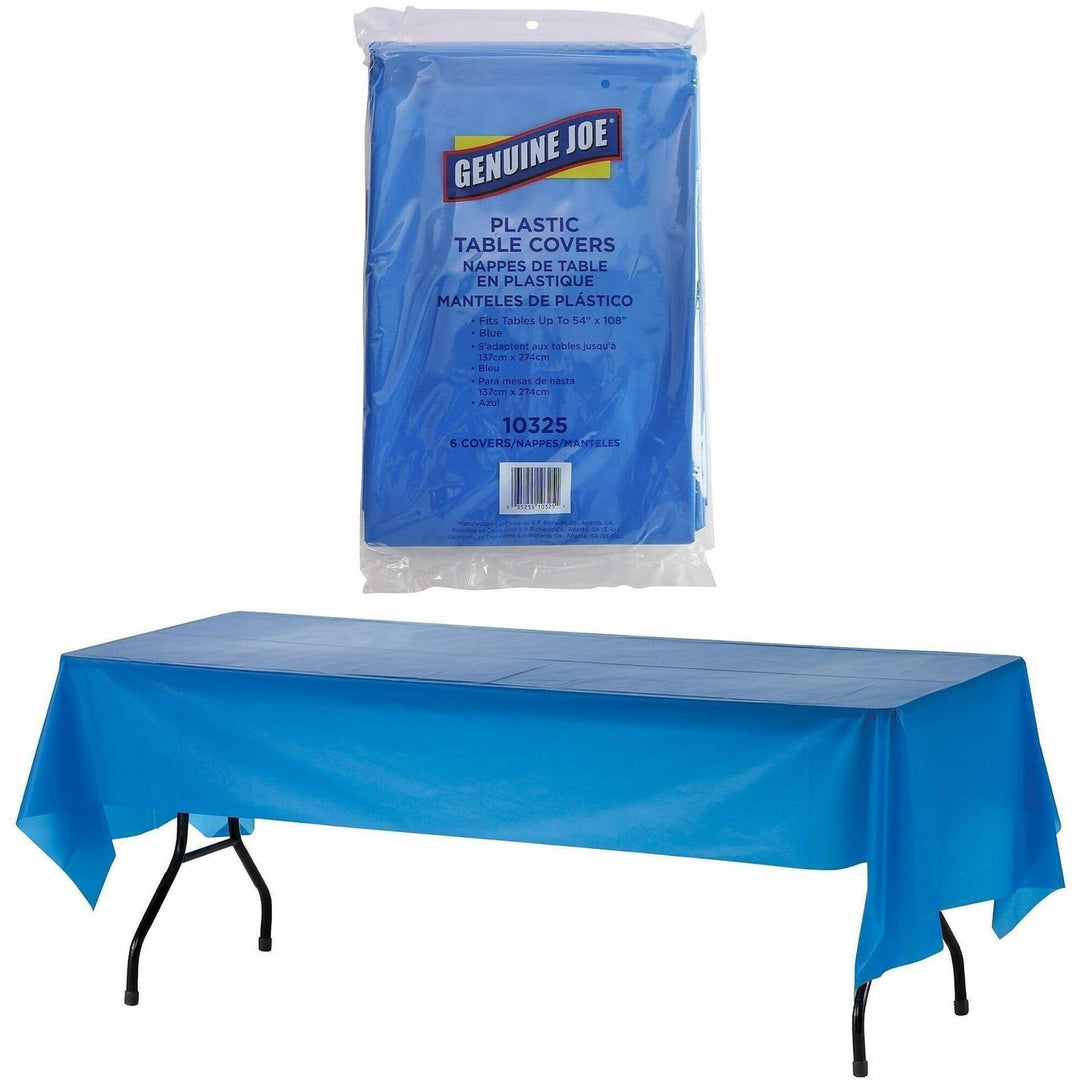 Image of Genuine Joe 10325 Plastic Rectangular Table Covers, 108" L x 54" Width, Plastic, Blue, 6 / Pack